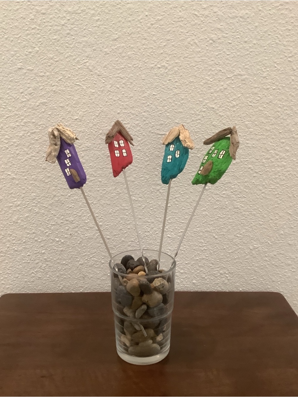Driftwood Art, Painted Houses Stainless Steel Plant Sticks ,Coastal Decor